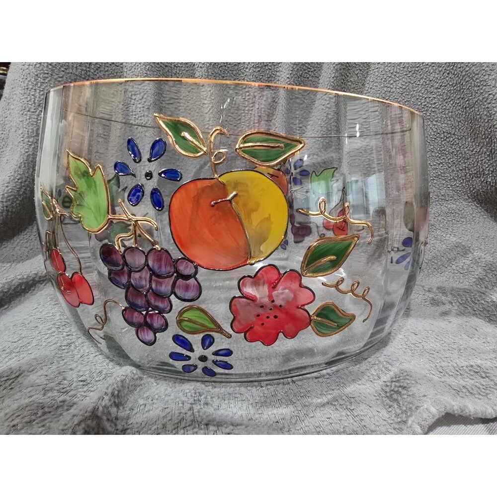 Fifth Avenue Crystal 9" Venetian Fruit Glass Bowl Made in Romania 22k Gold Trim